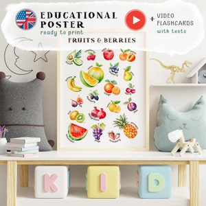 Póster imprimible de frutas para niños, impresión educativa de frutas en acuarela, una herramienta de aprendizaje en casa muy útil, tabla de descarga digital de alta calidad.