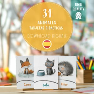 31 tarjetas didácticas de animales para niños, tarjetas didácticas de animales adorables en español, descarga Montessori, recursos educativos, herramienta de aprendizaje instantáneo en PDF