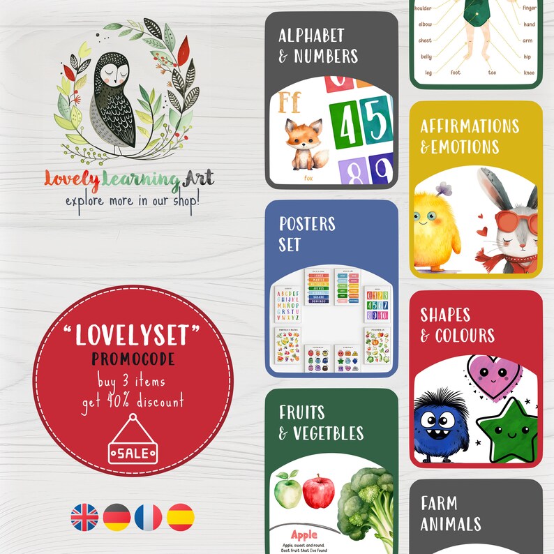 May include: A set of 10 colorful educational posters for children featuring various themes, including alphabet and numbers, affirmations and emotions, shapes and colors, fruits and vegetables, and farm animals. Each poster features cute illustrations and bright colors.