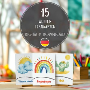 Wetter Karteikarten für Kinder, druckbare Wetter Lernkarten, Vorschule PDF, Klassenzimmer Wetter Vokabel Karteikarten auf Deutsch