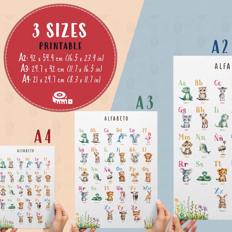 Printable Spanish Alphabet Poster With Animals Watercolor ABC Wall Art