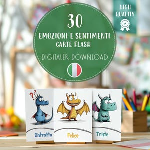 Emotion Flashcard Download PDF, Dragons Feelings Cards, Classroom Emotions Therapy, Italian Flash cards for kids, Montessori Resources