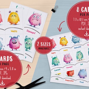 Printable Emotions Flashcards for Kids, Download Cute Monsters Feelings Cards, Classroom Emotion Therapy, Develop EQ and Social Skills image 3