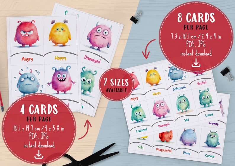 Printable Emotions Flashcards for Kids, Download Cute Monsters Feelings Cards, Classroom Emotion Therapy, Develop EQ and Social Skills image 3