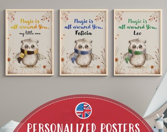 Personalized Wizard Owl Poster, Custom Magical Beast Print with Child's Name, Cute Animal Art in House Colors A3 Wall Decor Digital Download