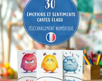 Cartes d'émotions imprimables pour enfants en français, téléchargement de cartes de sentiments de monstres mignons, thérapie par les émotions en classe, développement du QE et des compétences sociales