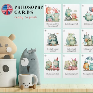 Flashcards de perguntas curiosas sobre filosofia para crianças, cartões de aprendizagem de pensamento crítico de monstros fofos, atividades educacionais pré-escolares para download