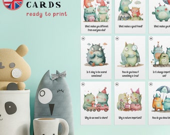 Curious Questions Philosophy Flashcards for Kids, Cute Monsters Critical Thinking Learning Cards, Preschool Educational activities Download