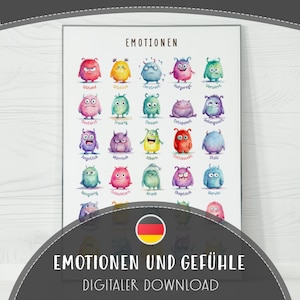 Póster de emociones para niños, Sentimientos de monstruos divertidos preescolares PDF Alemán, Arte de pared de aprendizaje emocional imprimible, Descarga en el hogar en el aula