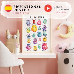Monster Emotion Poster in spanischer Sprache, Aquarell Gefühle Diagramm für Kinder druckbare emotionale Lernwand Kunst Klassenzimmer Heim digitaler Download