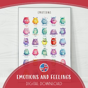 Emotion Poster für Kinder, süße Spaß Aquarell Gefühle Monster PDF, druckbare Wandkunst für emotionales Lernen, Zuhause Klassenzimmer digitaler Download