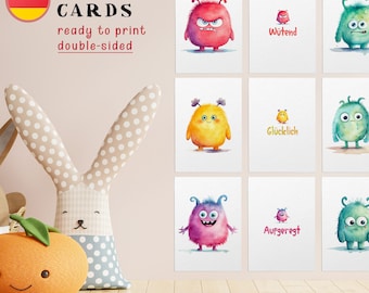 Gefühle Monster Lernkarten Kinder Deutsch | Emotionen Flashcards Printable PDF | Vorschule Lernmaterial
