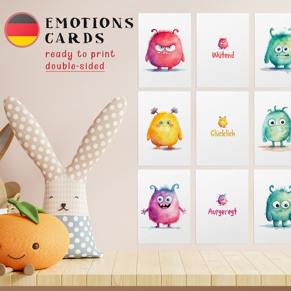 Emotions Flashcards in German, Gefuhlskarten, Double sided Printable Monsters flashcards, Pre-School Cards, Educational Materials Download