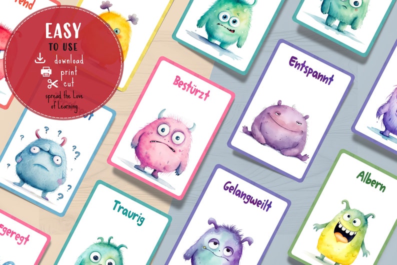 Printable Emotions Flashcards for Kids, Download Monsters Feelings Cards, Classroom Emotion Therapy, Develop EQ & Social Skills zdjęcie 9