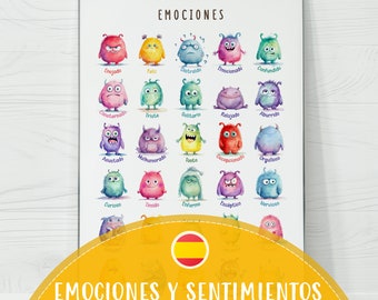 Emotion Poster for Kids, Preschool Fun Monsters Feelings PDF Spanish, Printable Emotional Learning Wall Art, Classroom Home Digital Download