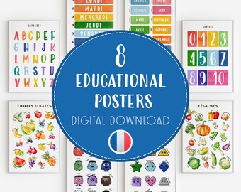 Conjunto de carteles educativos para niños, arte de pared de acuarela de escuela en casa francesa, temas de aprendizaje esenciales, decoración del hogar en el aula, impresión de descarga digital