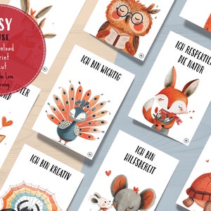 May include: A set of 10 printable cards featuring colorful illustrations of animals and positive affirmations in German. The cards include a peacock, owl, fox, giraffe, turtle, spider, and more. Each card has a different affirmation, such as "Ich bin wichtig" (I am important) and "Ich bin kreativ" (I am creative).