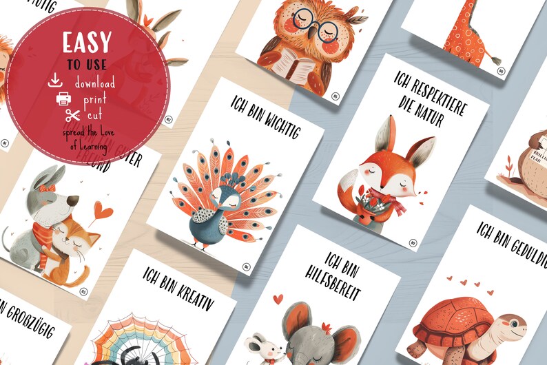 May include: A set of 10 printable cards featuring colorful illustrations of animals and positive affirmations in German. The cards include a peacock, owl, fox, giraffe, turtle, spider, and more. Each card has a different affirmation, such as "Ich bin wichtig" (I am important) and "Ich bin kreativ" (I am creative).