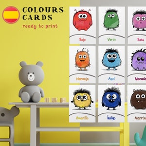 Descargar PDF de tarjetas didácticas de colores en español, tarjetas didácticas de colores Montessori, tarjetas didácticas para preescolar, recursos imprimibles, aprende con monstruos