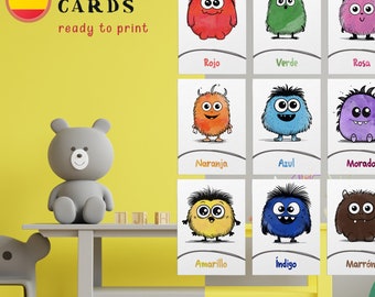 Printable Learning Colours Cards for Kids, Cute Monster Spanish Colour Flashcards, Educational Preschool Tool, High-Quality Digital Download