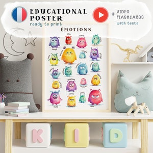 Póster de emociones en francés, Cuadro de emociones de monstruos de acuarela para niños, Arte mural imprimible para el aprendizaje emocional en el aula, Descarga digital para el hogar