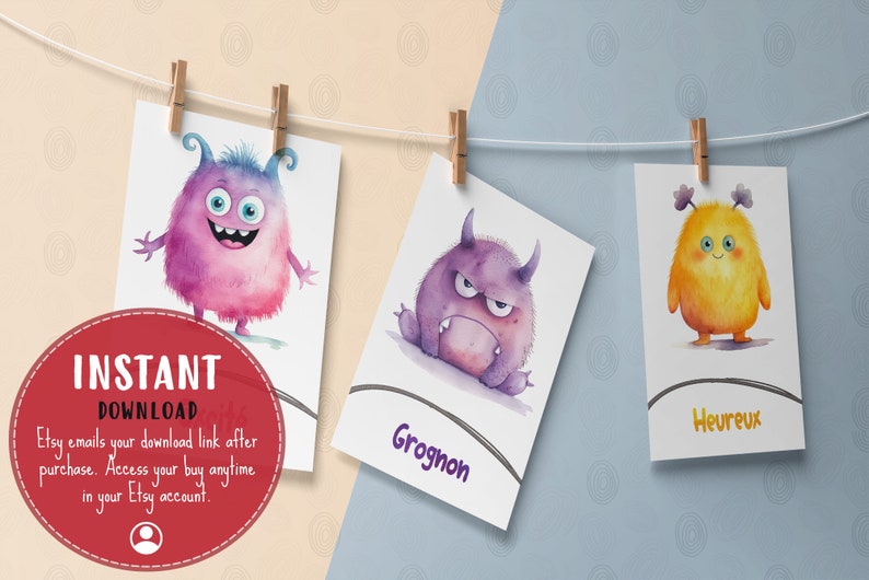 Printable Emotions Flashcards for Kids French, Download Cute Monsters Feelings Cards, Classroom Emotion Therapy, Develop EQ & Social Skills image 7