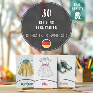 30 kledingflashcards voor kinderen, afdrukbare kledingleerkaarten, pdf voor kleuters, educatief vocabulaire klaslokaal ESL-leerhulpmiddelen Duits