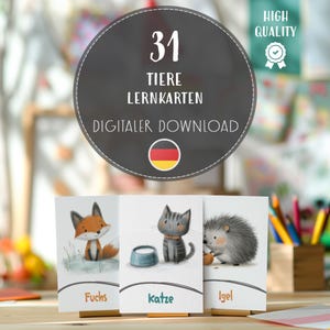 Karteikarten mit Tieren für Kinder, Bildkarten mit niedlichen Tieren in Deutsch, Montessori Digital Download, Lernressourcen, Sofortlern-PDF