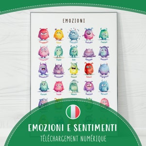 Emozioni per bambini Poster Scarica PDF, Divertimento prescolare Mostri Sentimenti in italiano, Arte murale di apprendimento emotivo stampabile, Aula Home