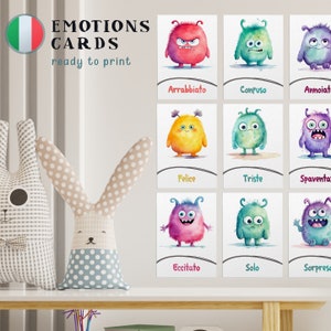 Italian Printable Emotion Flashcards, Watercolor Monsters Cards, Feelings Learning Tool for Kids Classroom Emotions Therapy Digital Download