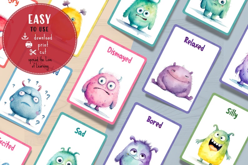 Printable Emotions Flashcards for Kids, Download Cute Monsters Feelings Cards, Classroom Emotion Therapy, Develop EQ and Social Skills image 8