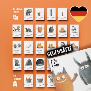Deutsch Gegensatz Adjektive Karteikarten für Kinder – Ausdruckbare Sprachlernkarten, Vokabel Karteikarten, Frühpädagogik für zu Hause und Schule