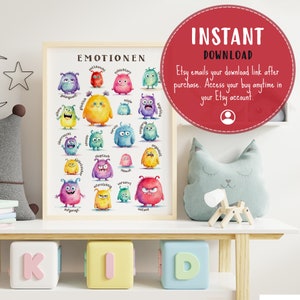 May include: A colorful printable chart with illustrated monsters representing different emotions in German. The chart is titled "Emotionen" and includes words like "gl&uuml;cklich", "traurig", "&auml;ngstlich", and "verwirrt".
