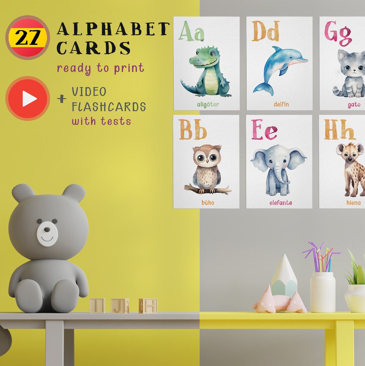 Printable Spanish Alphabet Flashcards, Cute Animal Abcs A4, Watercolor