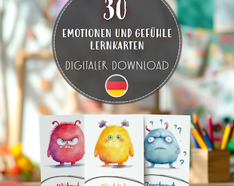 30 Feelings Flashcards Printable German, Monsters Emotions Cards, Watercolor Learning Tool Kids, Classroom Emotions Therapy Digital Download