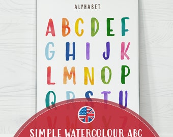 Watercolour Simple Alphabet Poster, Cute ABC Wall Art, Printable Educational Decor for Kids Learning, High-Quality Letters Digital Download
