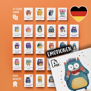 Flashcards German Emotions voor kinderen, Flash Cards Cute Monster Feelings, afdrukbare leerhulpmiddelen, educatieve pdf om te downloaden in de klas