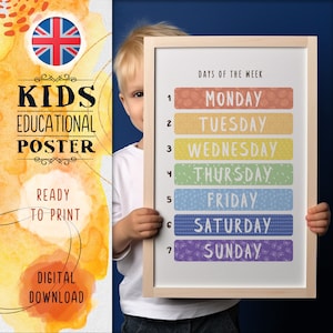 Puede incluir: Un póster educativo colorido para niños que presenta los días de la semana. Cada día se muestra en una franja colorida separada con un patrón diferente. El póster está enmarcado en un marco de madera claro.