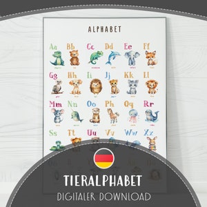 Póster del alfabeto alemán con animales para descargar en formato PDF imprimible: arte mural con acuarela para guardería, decoración educativa para habitación infantil