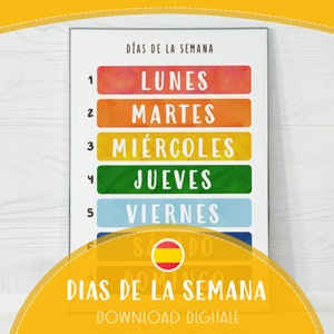 Días Semana Póster Español - Calendario Educativo Niños - Material Didáctico Imprimible - Decoración Aula PDF