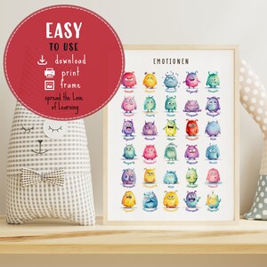May include: A colourful printable poster with illustrations of monsters representing different emotions. The poster is titled "EMOTIONEN" and features German words for each emotion.