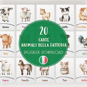 Bauernhoftiere Karteikarten für Kinder - Italienische Votivkarten, Montessori Lernhilfe, Vorschulaktivität, digitale PDF-Download