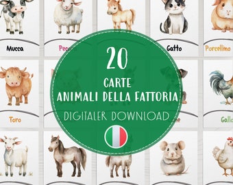 Farm Animals Printable Flashcards, Cute Watercolor Italian Learning Farmyard Cards, Educational Preschool Tool for Kids PDF Digital Download