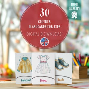 30 tarjetas didácticas sobre ropa para niños en formato PDF, tarjetas de ropa para aprender, vocabulario de moda, herramientas educativas para profesores, ropa para niños pequeños