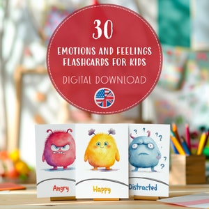 Printable Emotions Flashcards for Kids, Download Cute Monsters Feelings Cards, Classroom Emotion Therapy, Develop EQ and Social Skills image 1