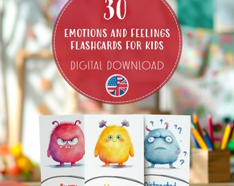 Afdrukbare emoties-flashcards voor kinderen, download schattige monsters-gevoelskaarten, emotietherapie in de klas, ontwikkel EQ en sociale vaardigheden