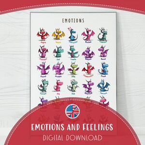 Puede incluir: Un gráfico imprimible con dragones de dibujos animados coloridos que ilustran diferentes emociones. El gráfico se titula "Emociones" e incluye palabras como "Enojado", "Feliz", "Distraído", "Emocionado", "Compuesto", "Triste", "Solo", "Relajado", "Aburrido", "Asustado", "Gruñón", "Tonto", "Decepcionado", "Orgulloso", "Curioso", "Tímido", "Enfermo", "Escéptico" y "Nervioso". El gráfico también incluye el texto "Emociones y sentimientos" y "Descarga digital".