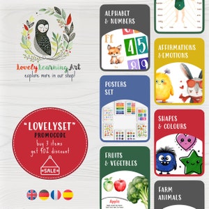 May include: A set of 10 colorful educational posters for children featuring illustrations of animals, shapes, fruits, vegetables, letters, numbers, and more. The posters are designed to help children learn about the world around them. The posters are part of a set called "Lovelyset" and include a promo code for a discount when buying 3 items.