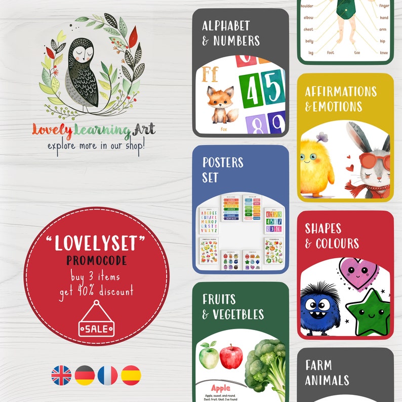 May include: A set of 10 colorful educational posters for children featuring illustrations of animals, shapes, fruits, vegetables, letters, numbers, and more. The posters are designed to help children learn about the world around them. The posters are part of a set called "Lovelyset" and include a promo code for a discount when buying 3 items.