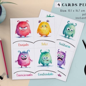 Printable Emotion Flashcards Watercolor Monsters Cards Feelings Learning Tool for Kids Classroom Emotions Therapy Digital Download Spanish image 3